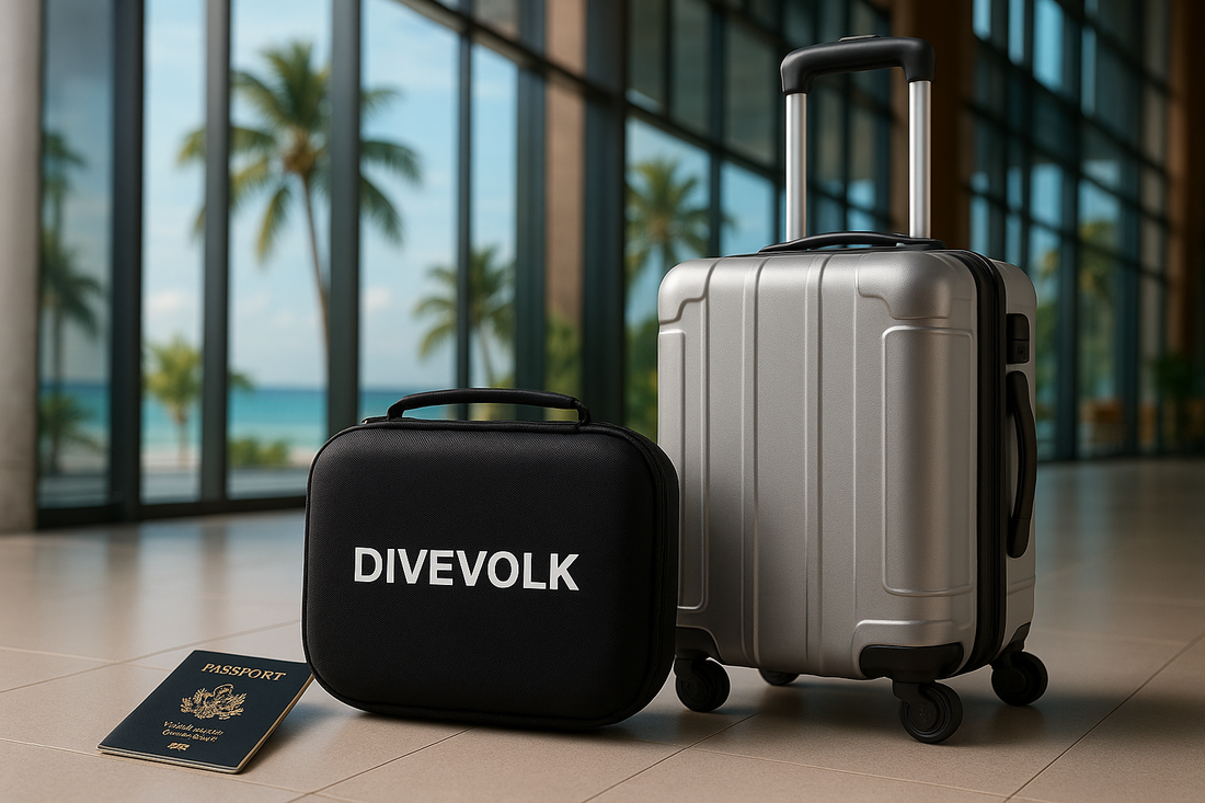 AI generated image of Travel cases and a passport with palm trees in the background