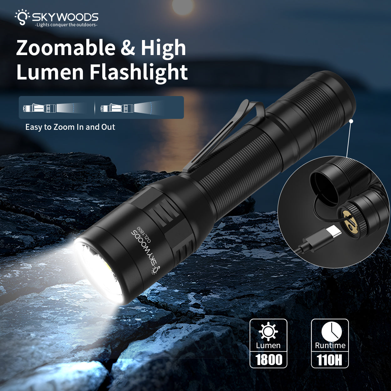 Skywoods 1800 Lumen Zoomable Torch Light OZL1800