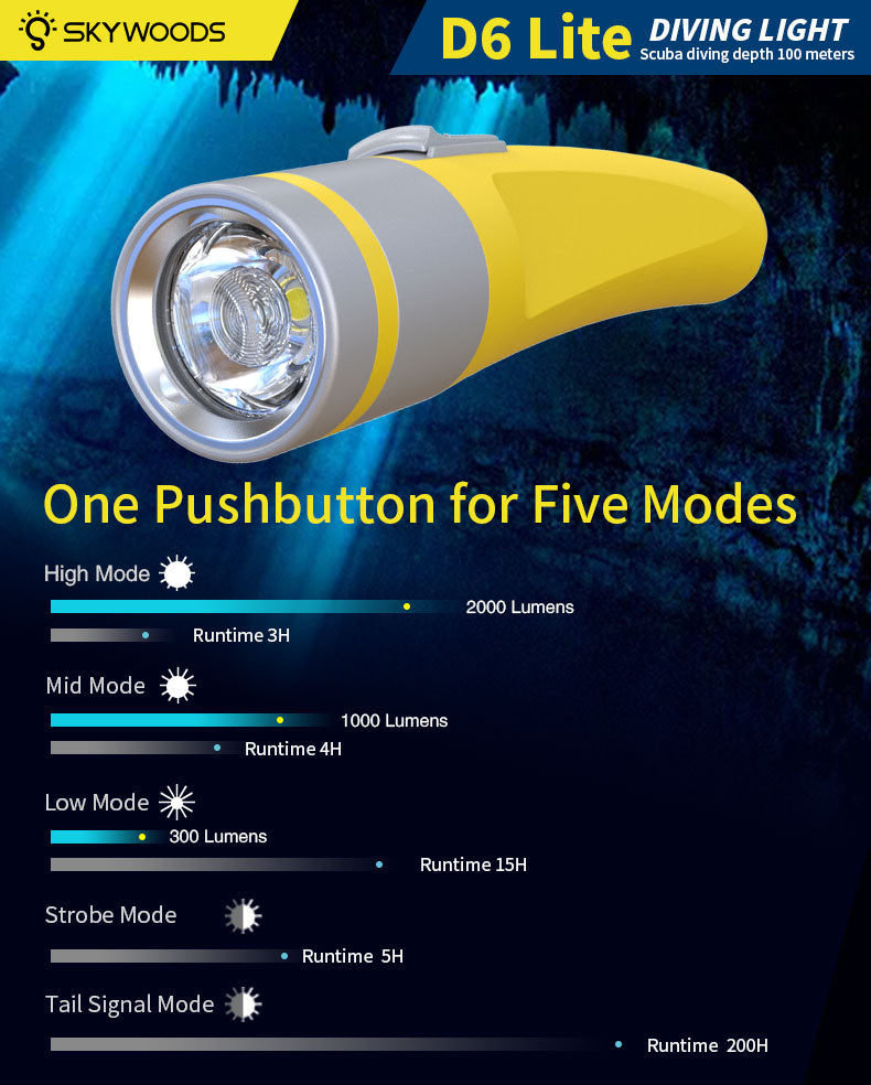 Skywoods D6 Lite 2000 Lumen Dive Torch