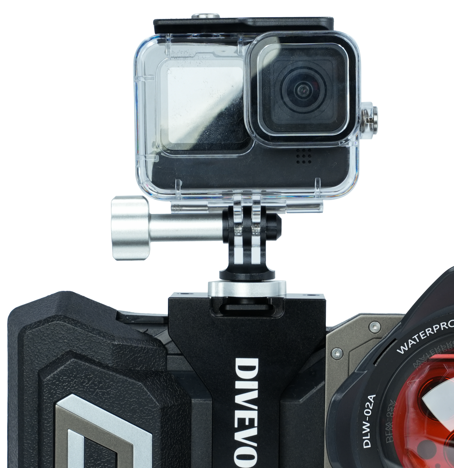 The Divevolk Expansion Clamp features a cold shoe which can be used to mount an action camera adapter.