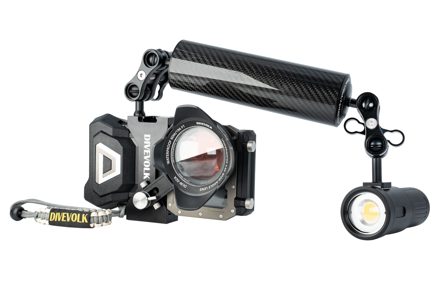 Divevolk Expansion Clamp mounted on SeaTouch 4 Max Housing with Filter, Wide Lens and lighting Accessories attached