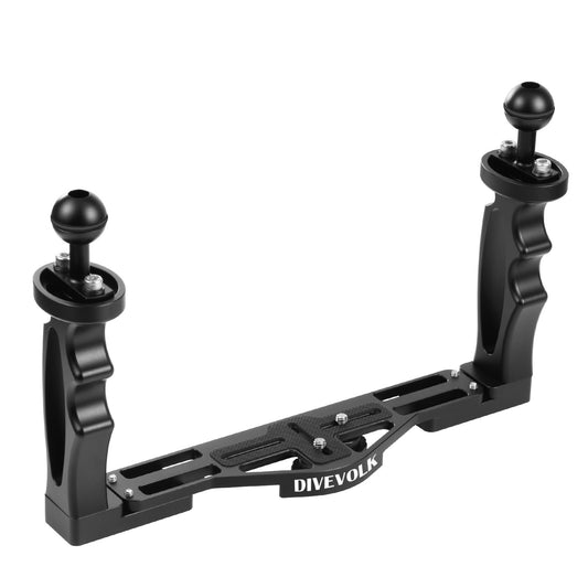 Divevolk Double Handled Aluminium Tray with Finger grips, 1-Inch Ball Mounts and 1/4-inch threaded screws to attach a housing.  .