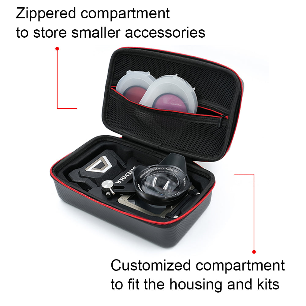 Black carrying case with red accents containing camera accessories on a white background