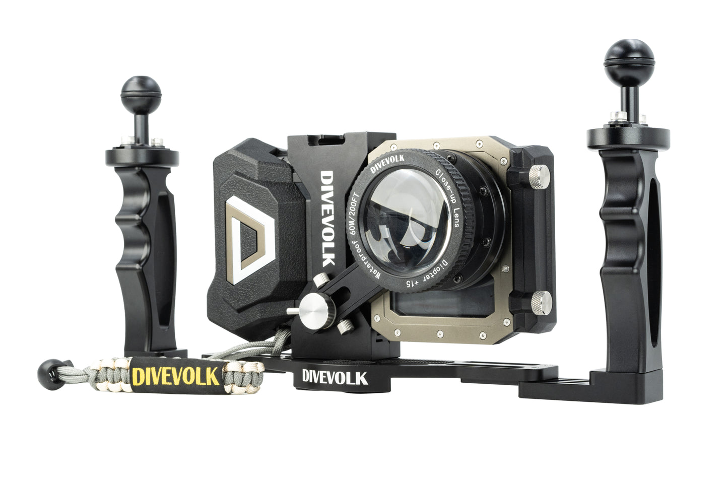 Divevolk Expansion Clamp mounted on SeaTouch 4 Max Housing with Macro Lens and Dual Tray Accessories attached