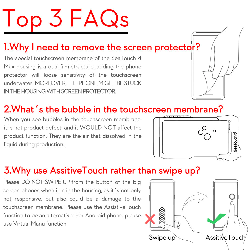 FAQs about a screen protector for a phone with illustrations and text.