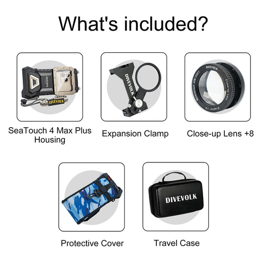 List of included items in the Divevolk SeaTouch 4 Max PLUS Macro kit with icons and text on a white background