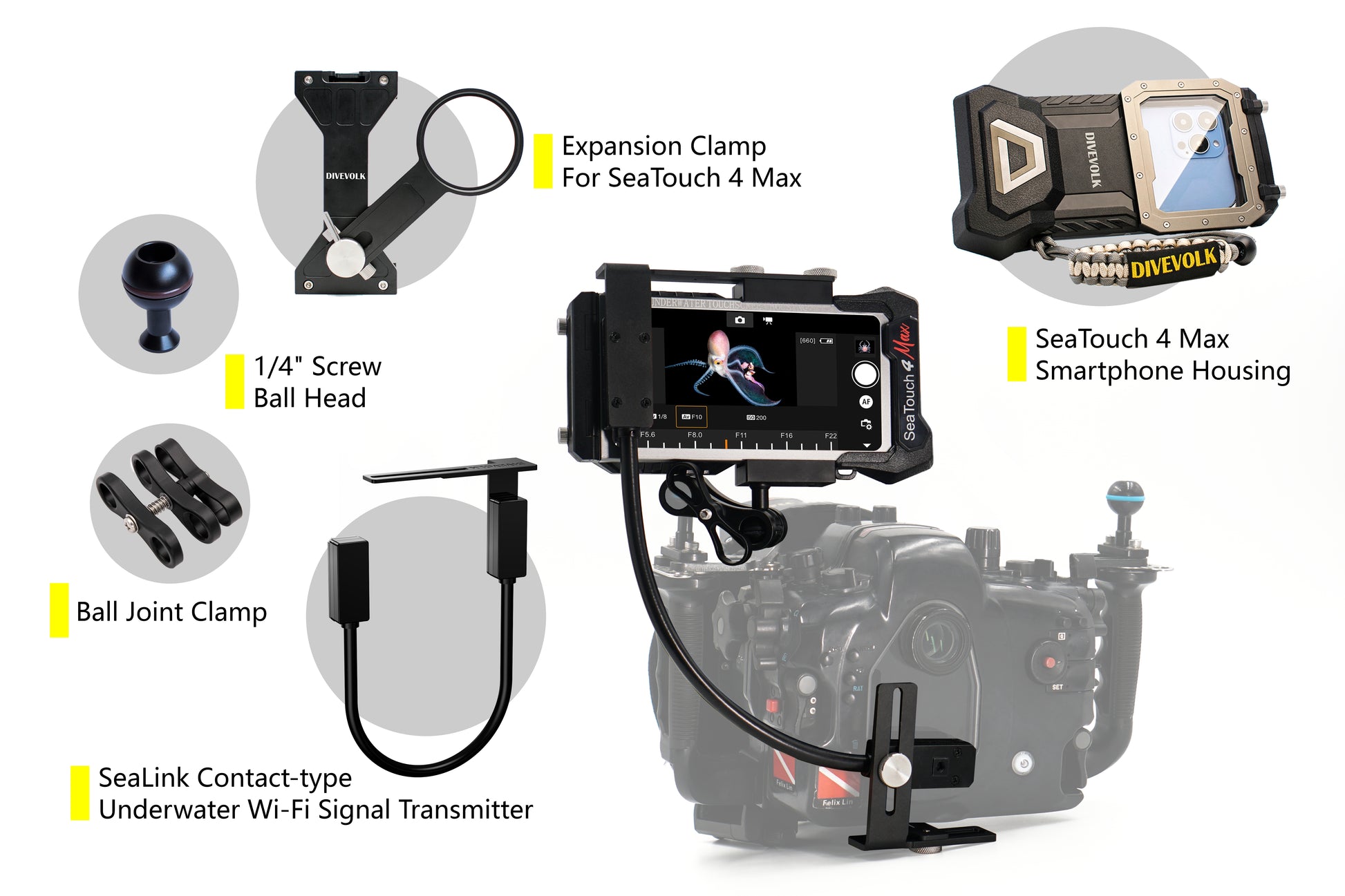 SeaLink Underwater Wi-Fi Signal Transmitter and other accessories for the Divevolk SeaTouch 4 Max Waterproof Smartphone Housing