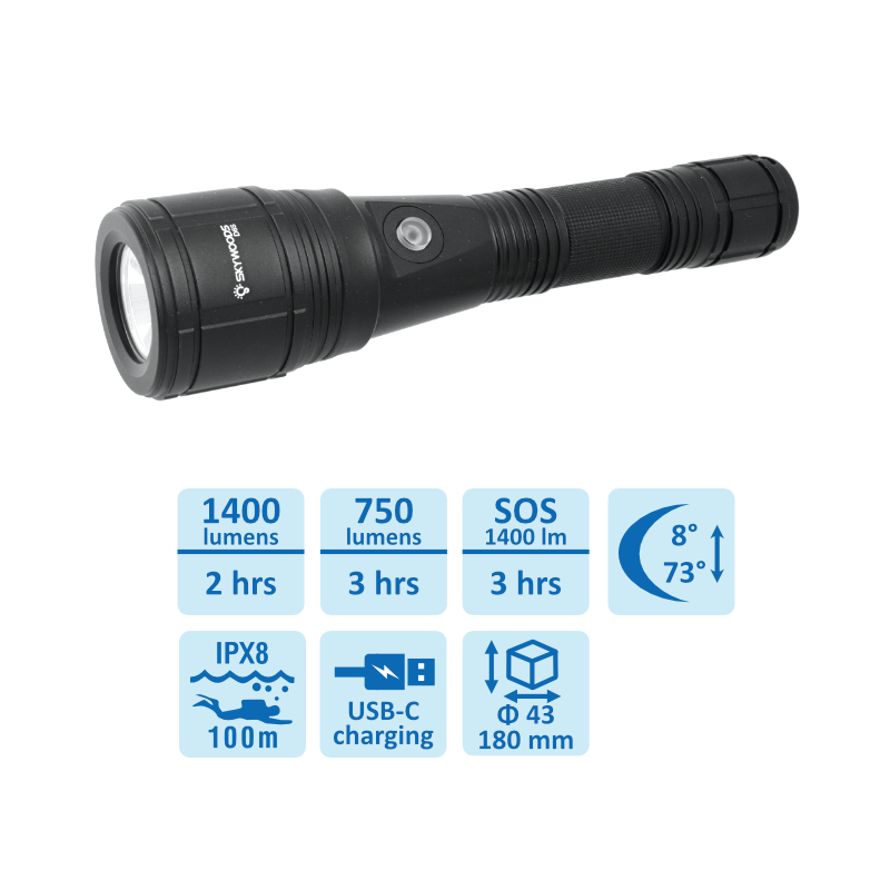 Skywoods D6S 1400 Lumen Zoomable Dive Torch