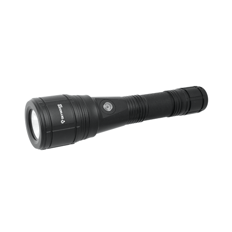 A black Skywoods D6S 1400 Lumen Zoomable Dive Torch with a visible LED light at one end and a power button mid-way along the body.