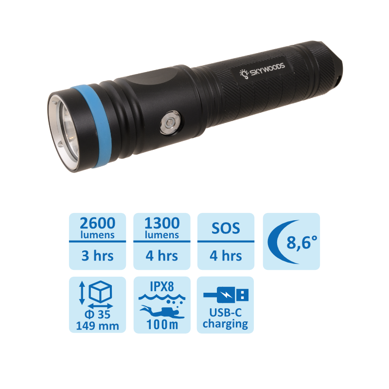 Skywoods 2600 Lumen Professional SCUBA Dive Torch D7 Nova