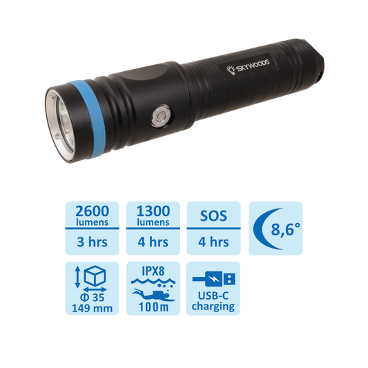 Skywoods 2600 Lumen Professional SCUBA Dive Torch D7 Nova