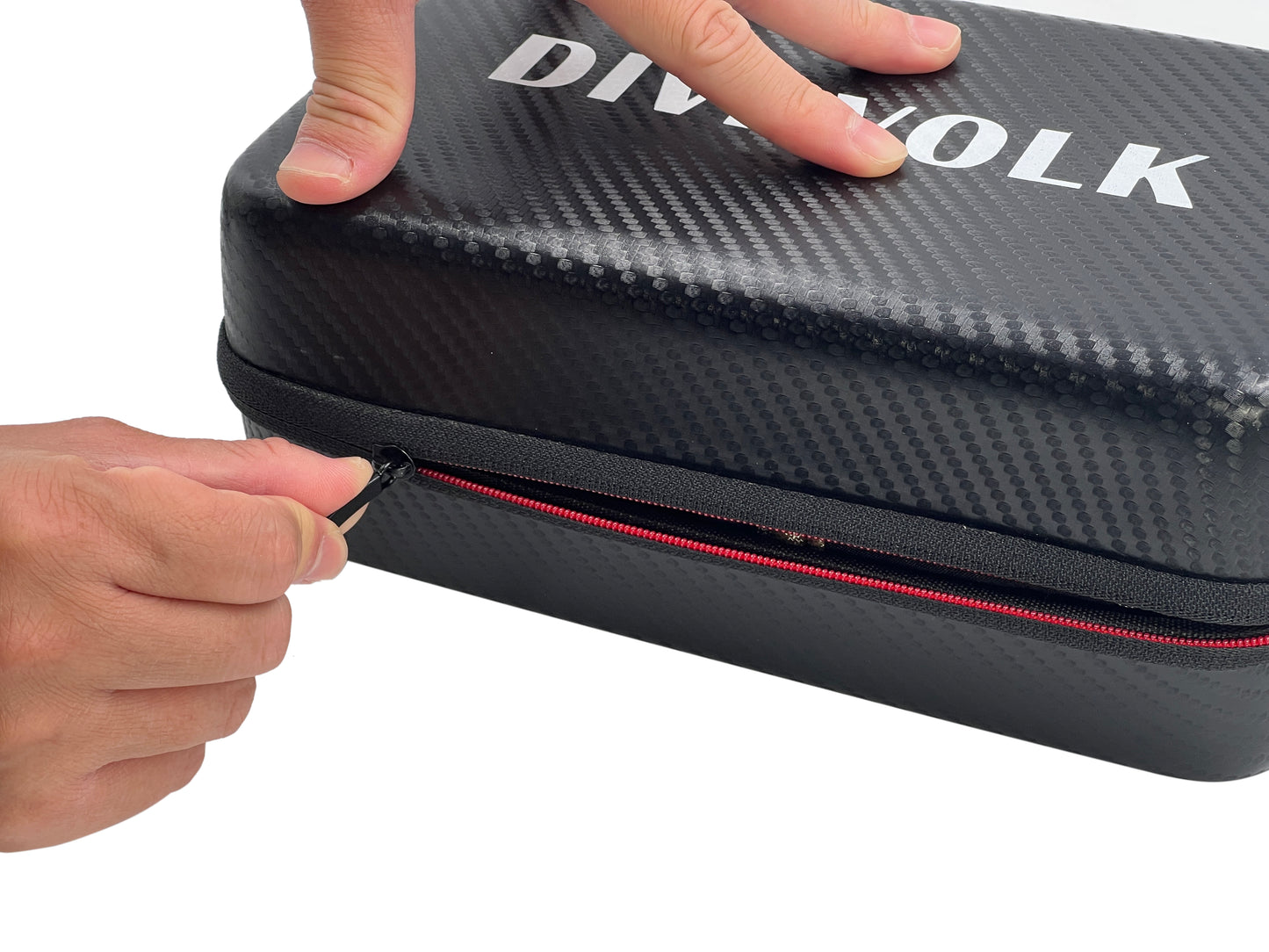 Black carrying case with 'DIVYOK' branding being held open by a hand.