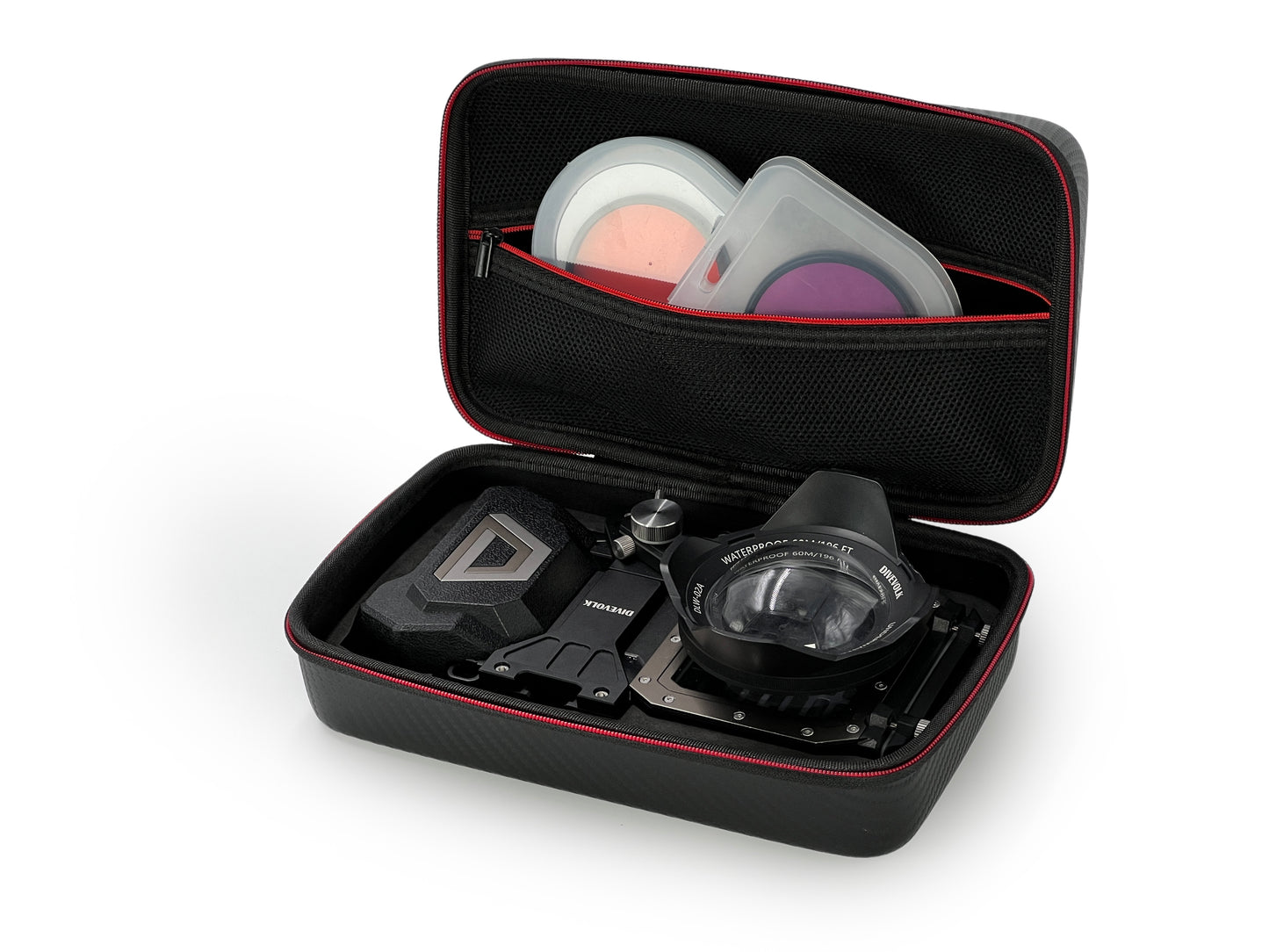 Divevolk Phone Housing with lens and accessories in a black carrying case on a white background
