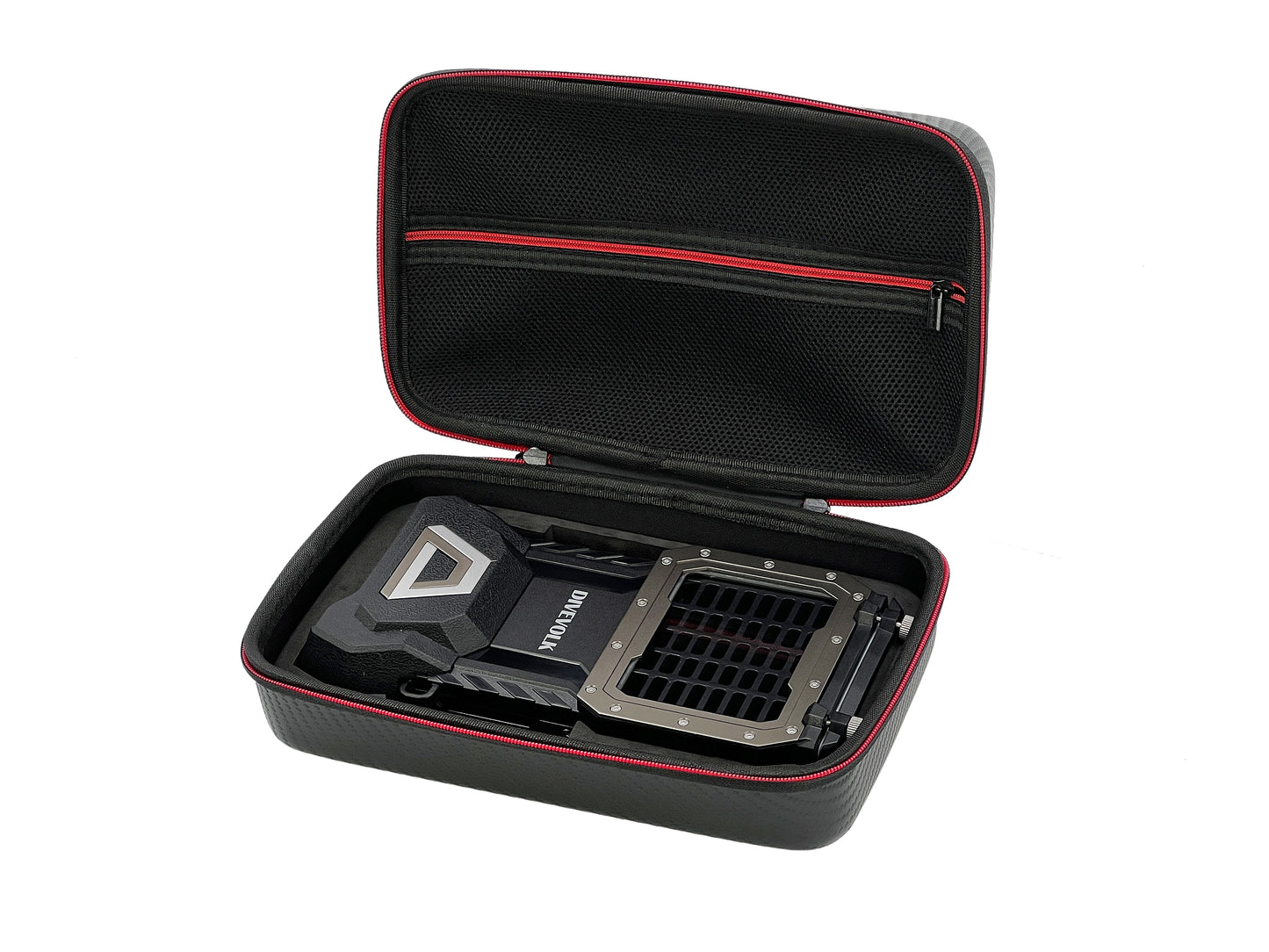 Black carrying case with red zipper containing a Divevolk phone housing device, on a white background