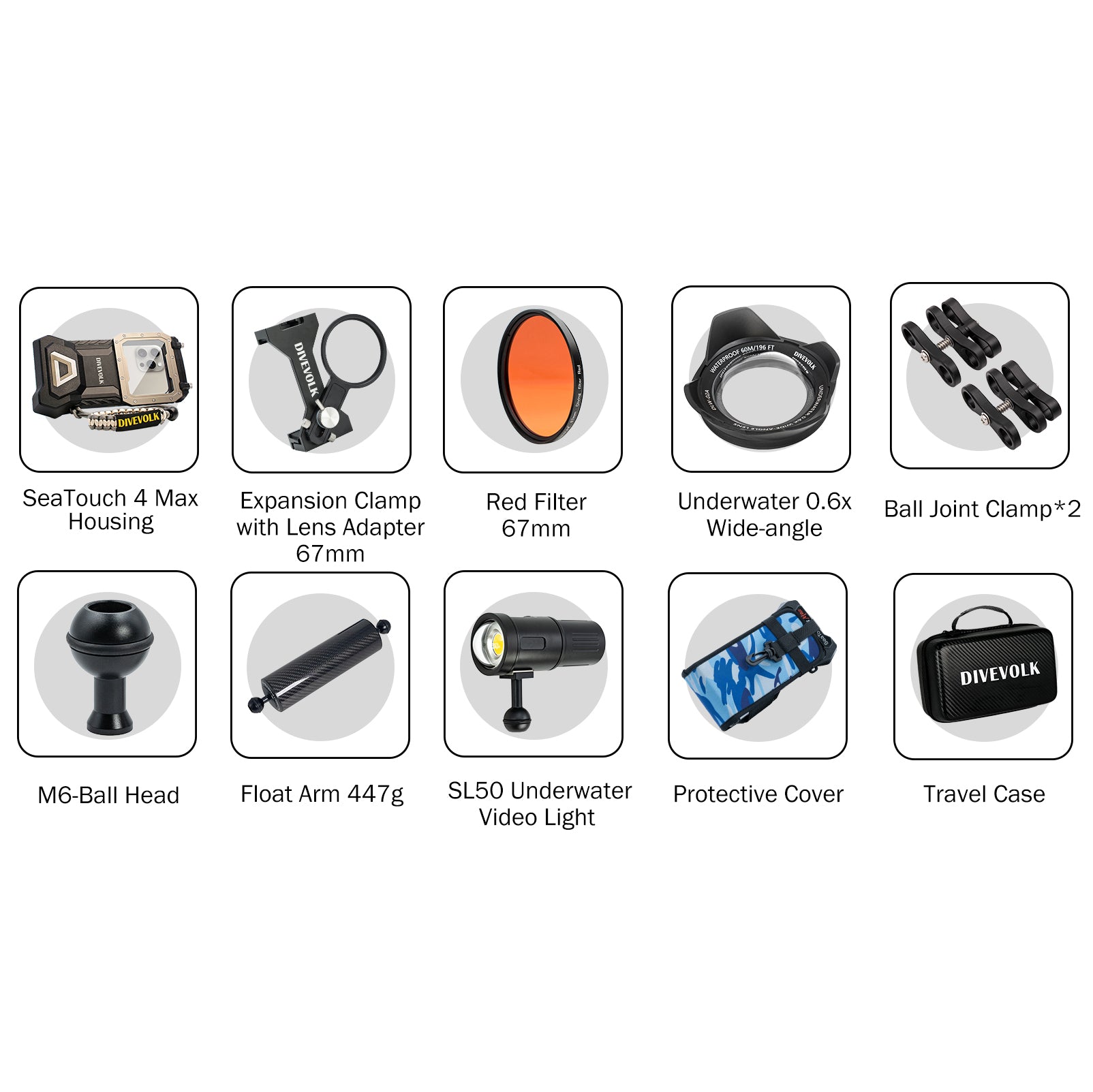 The Divevolk Advanced Creator Kit includes Divevolk Seatouch 4 Max Waterproof Phone Housing, Expansion Clamp, Red Filter, Wide-Angle Lens, Two Ball Joint Clamps, M6 Ball Head, 447g Float Arm, SL50 Underwater Video Light, Protective Cover and Travel Case