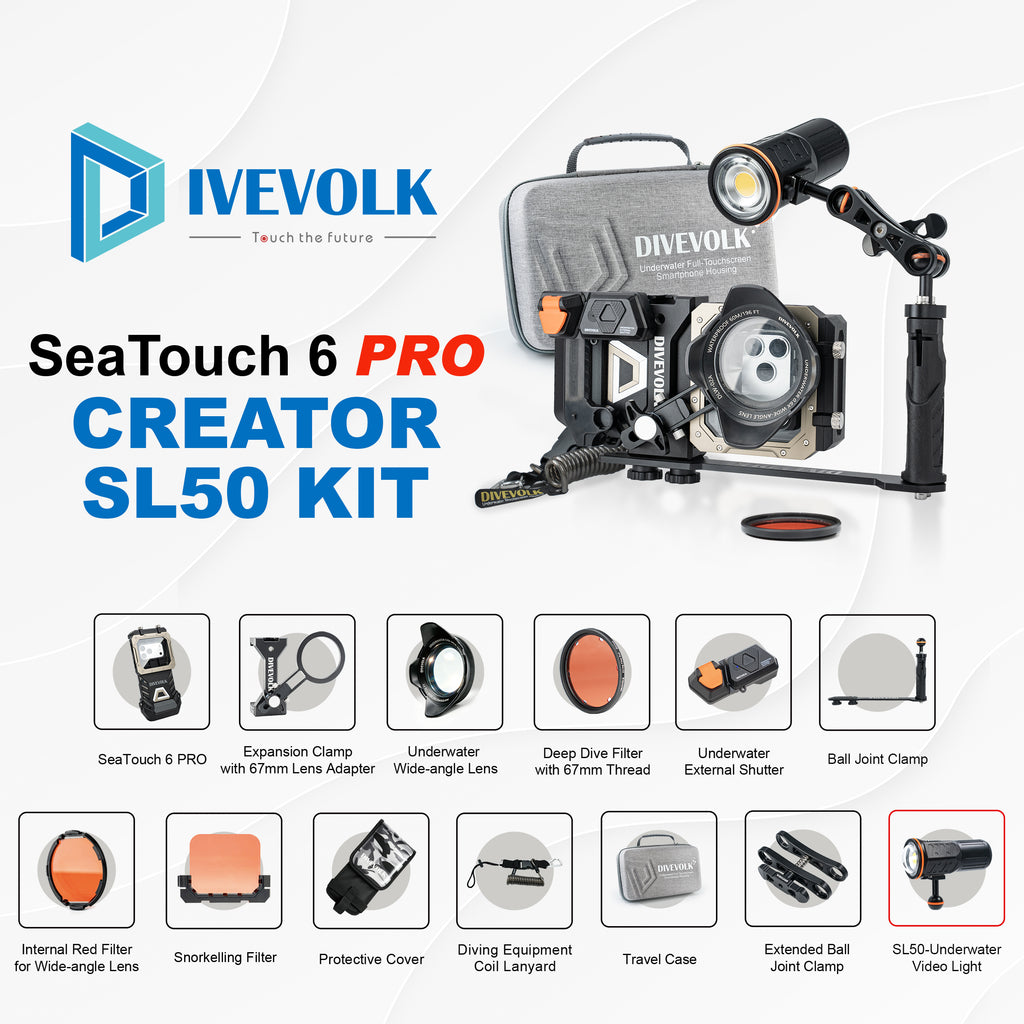 Promotional graphic for the Divevolk SeaTouch 6 Pro Creator SL50 Kit, showing a dive light rig with camera attachment, carrying case, and multiple included accessories arranged in a clean white layout with product icons and text.