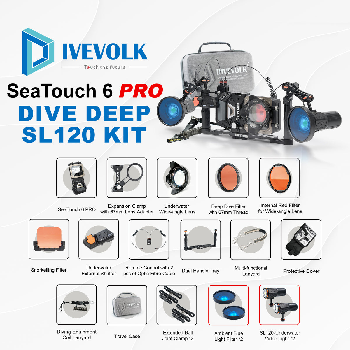 Divevolk SeaTouch 6 Pro Dual 12000 Lumen Deep Dive SL120 Kit Plus