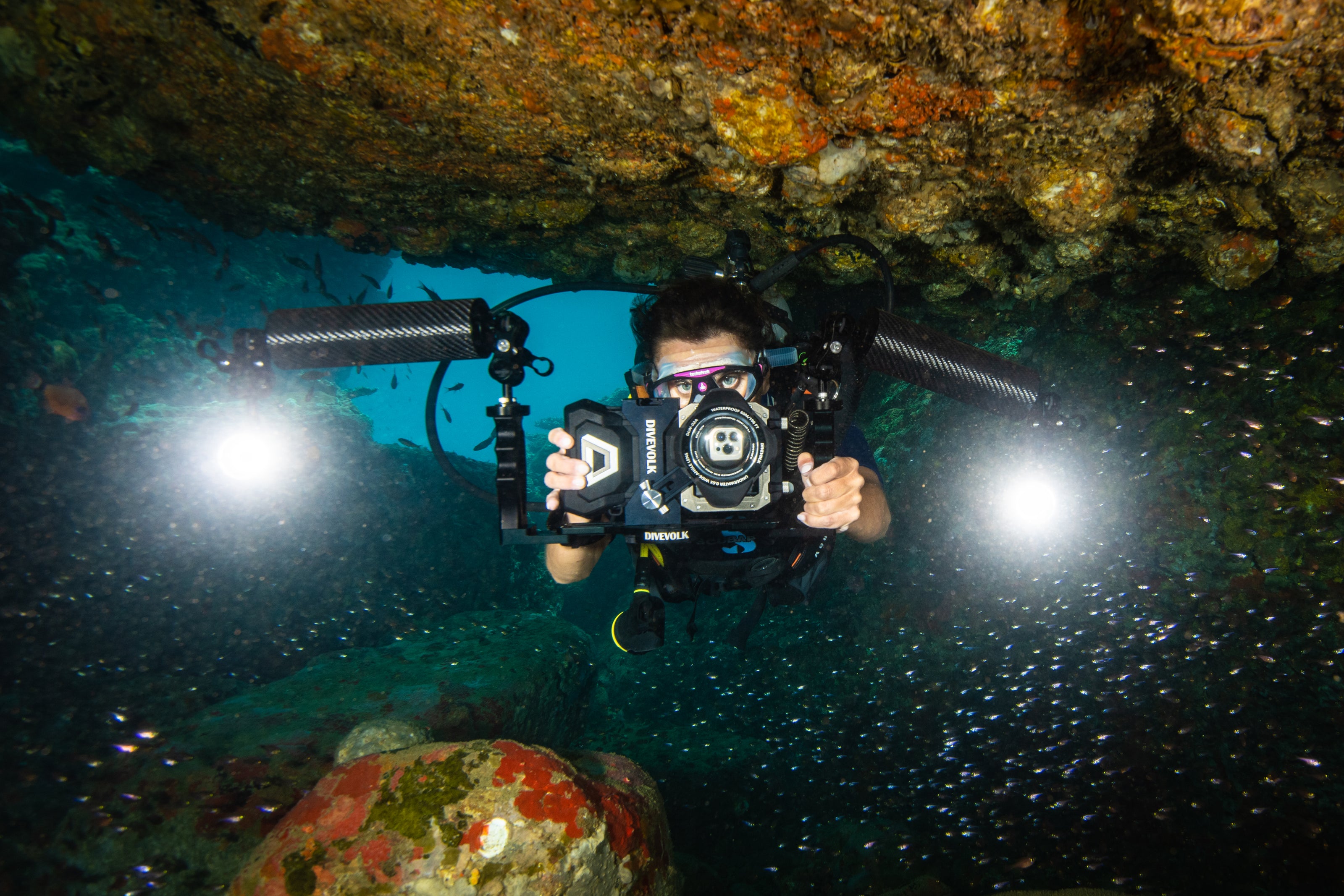 The Divevolk Seatouch 4 Max Almighty Kit includes two Sealight SL50 5000 Lumen Waterproof Video Lights mounted on a dual handle tray and float arms