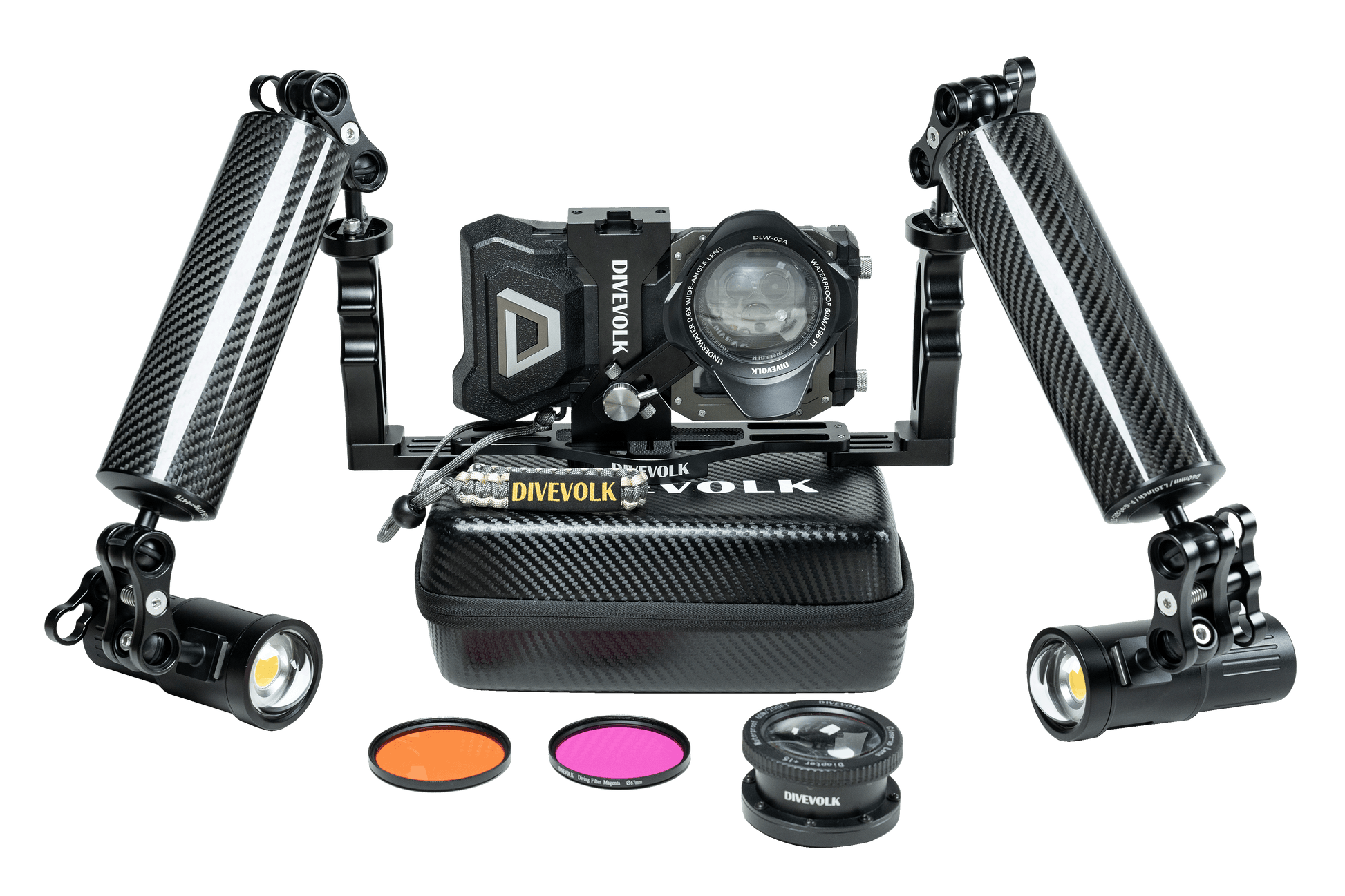 The Divevolk Seatouch 4 Max Almighty Kit includes SeaTouch 4 Max Housing, Expansion Clamp, Handles, Wide-Angle & Macro wet lenses, Protective Case and Two SeaLight SL50 5000 Lumen lights.  Everything you need to capture epic photos and videos underwater with your Smartphone