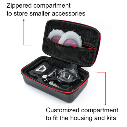 Black carrying case with red accents containing camera accessories on a white background