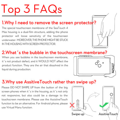 FAQs about a screen protector for a phone with illustrations and text.