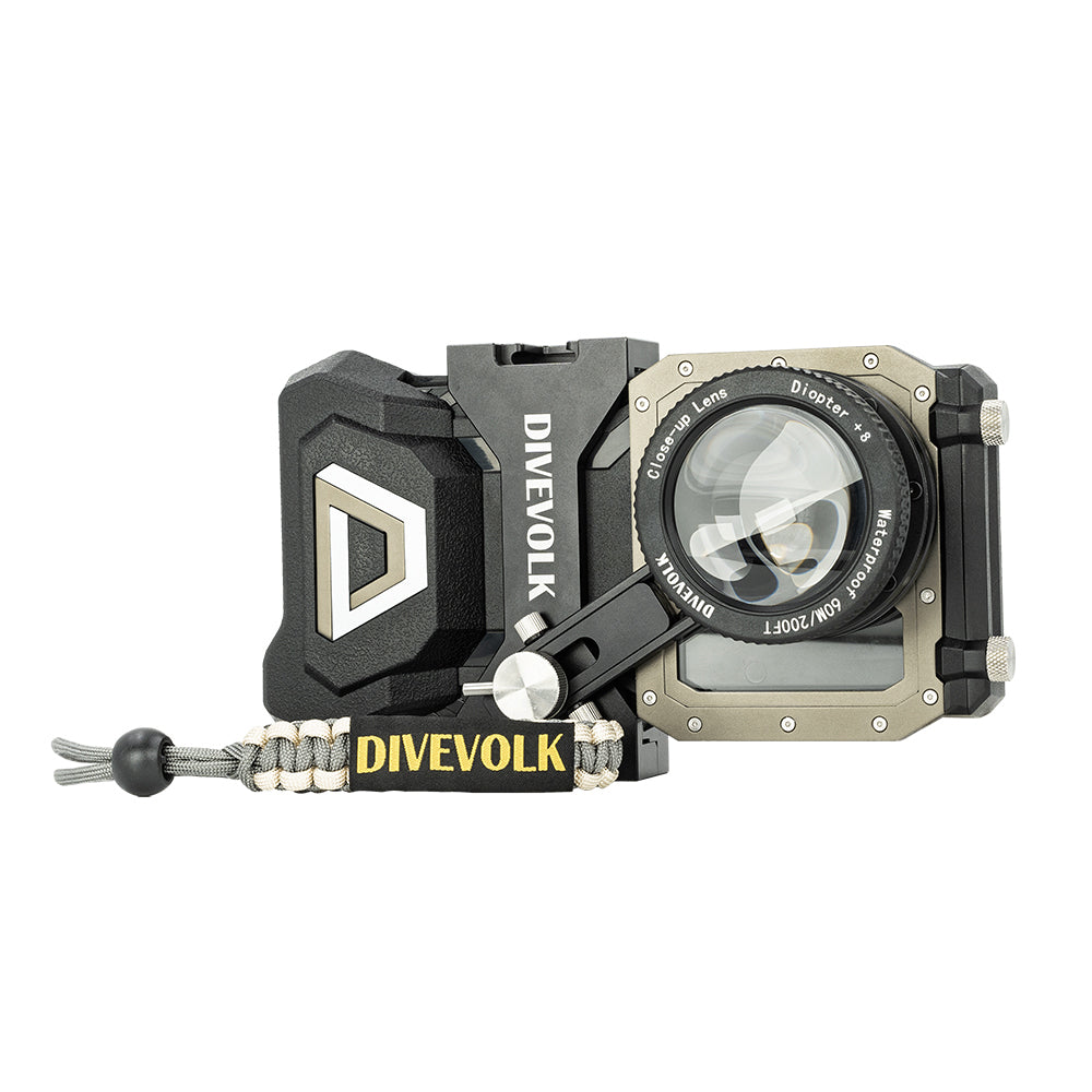 Divevolk SeaTouch 4 Max PLUS Housing with Expansion clamp and Macro Lens Kit on a white background