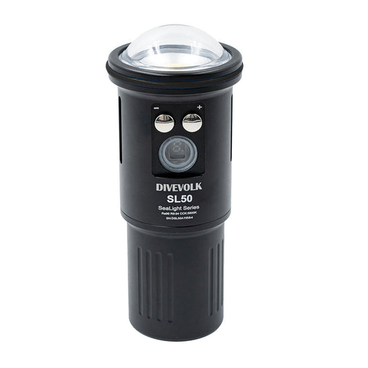 The SeaLight SL50 Underwater Video Light has two buttons for easy power adjustment while SCUBA Diving