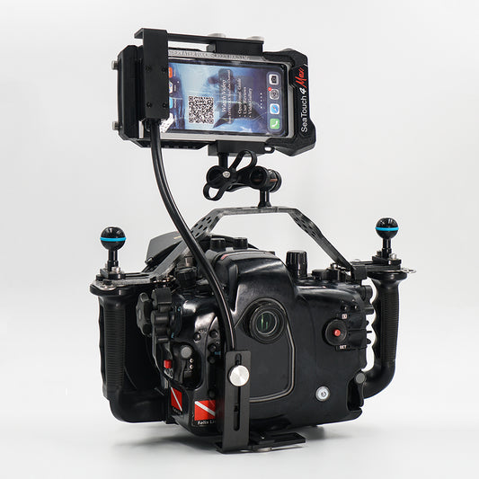 SeaLink Underwater Wi-Fi Signal Transmitter mounted as a monitor on a Nauticam Underwater Camera Housing