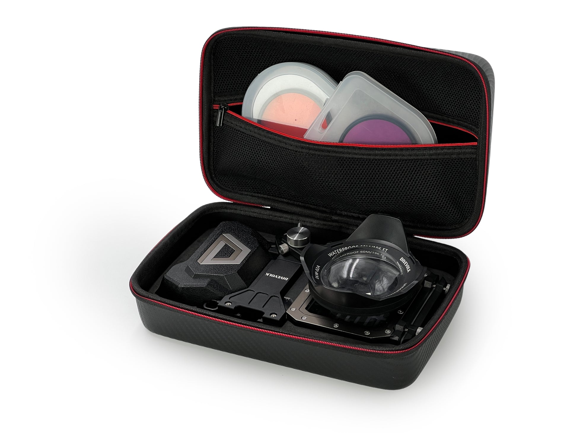 Divevolk Phone Housing with lens and accessories in a black carrying case on a white background
