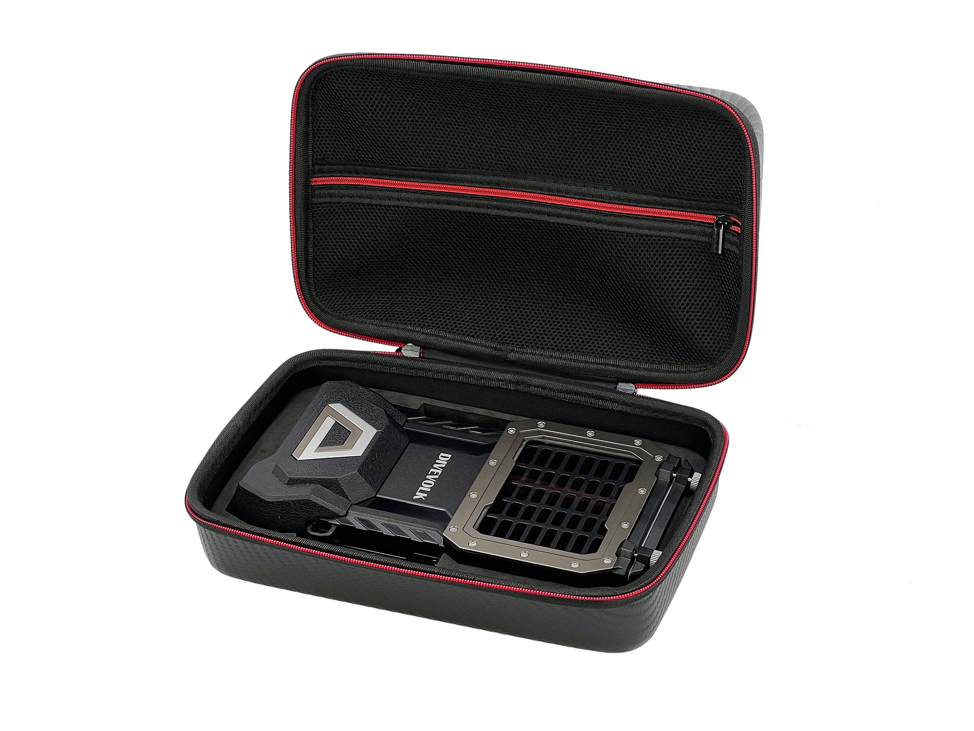 Black carrying case with red zipper containing a Divevolk phone housing device, on a white background