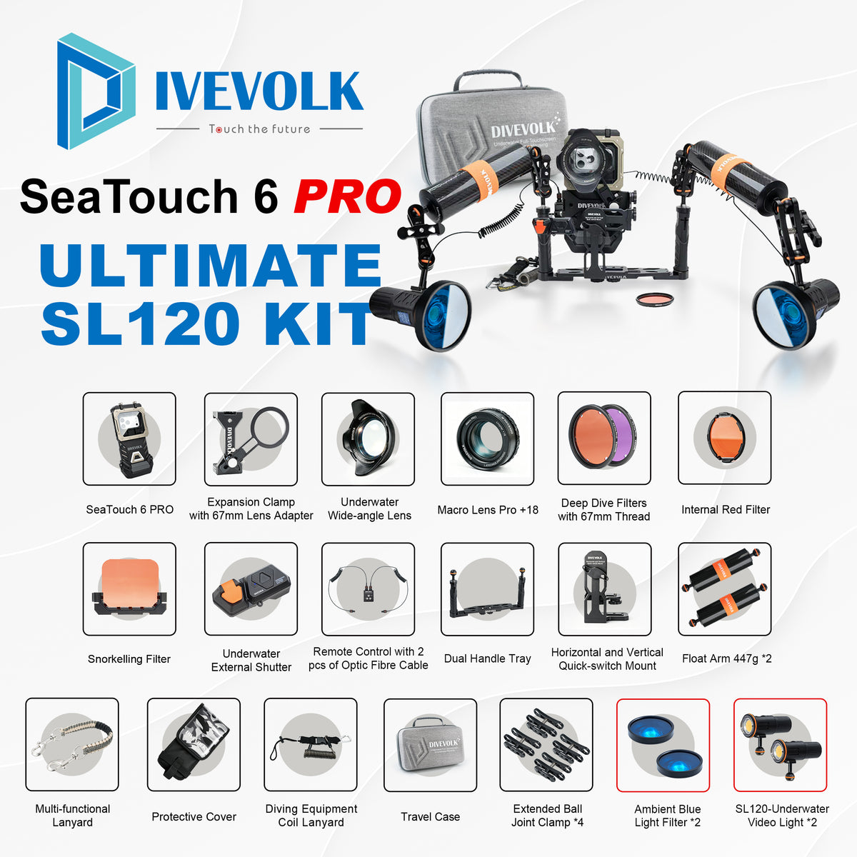 Divevolk SeaTouch 6 Pro Dual 12000 Lumen Ultimate SL120 Kit Plus