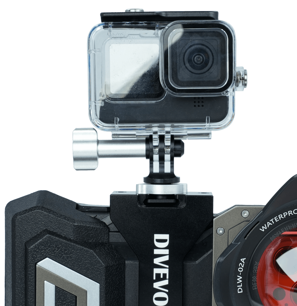 The Divevolk Expansion Clamp features a cold shoe which can be used to mount an action camera adapter.