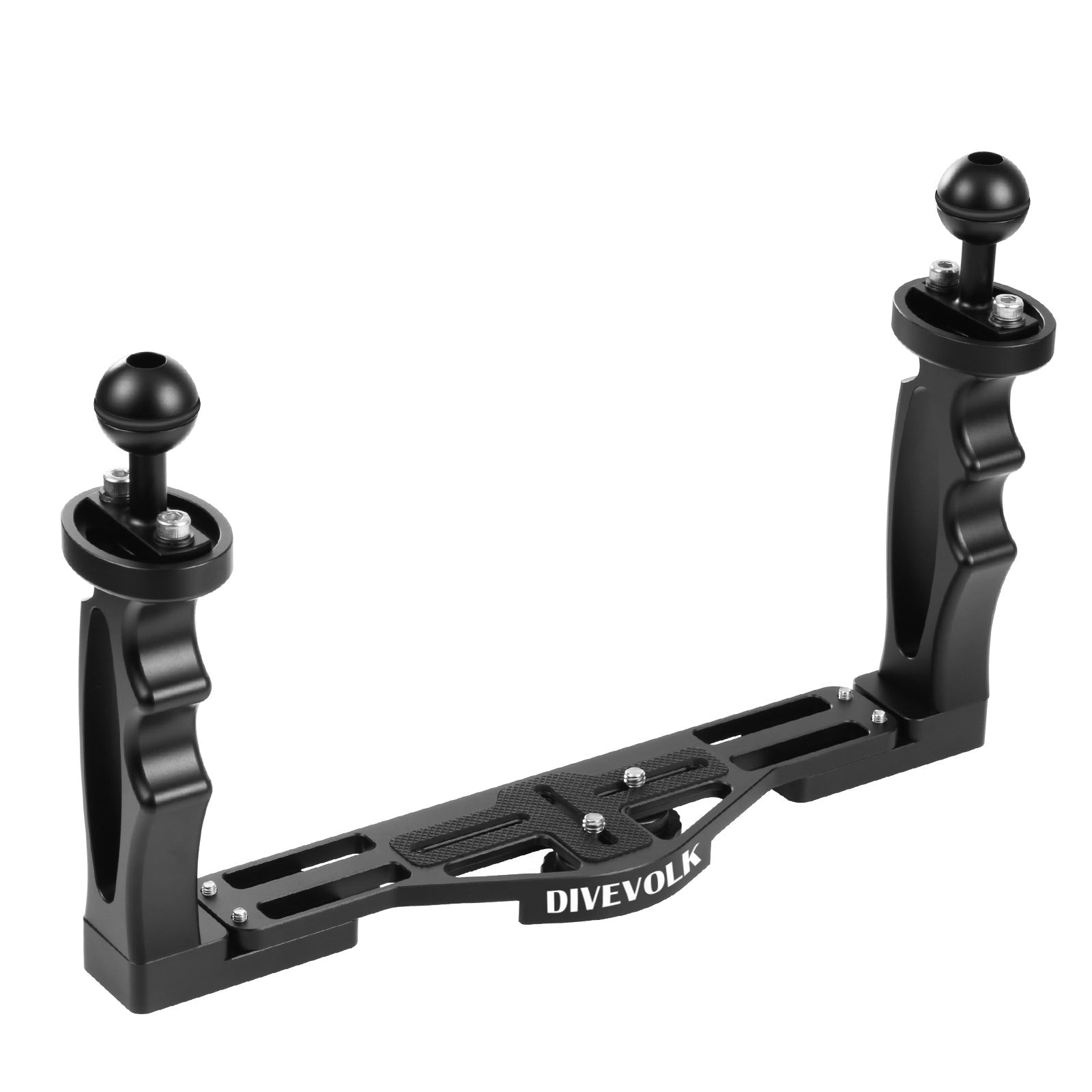 Divevolk Double Handled Aluminium Tray with Finger grips, 1 - Inch Ball Mounts and 1/4 - inch threaded screws to attach a housing. .