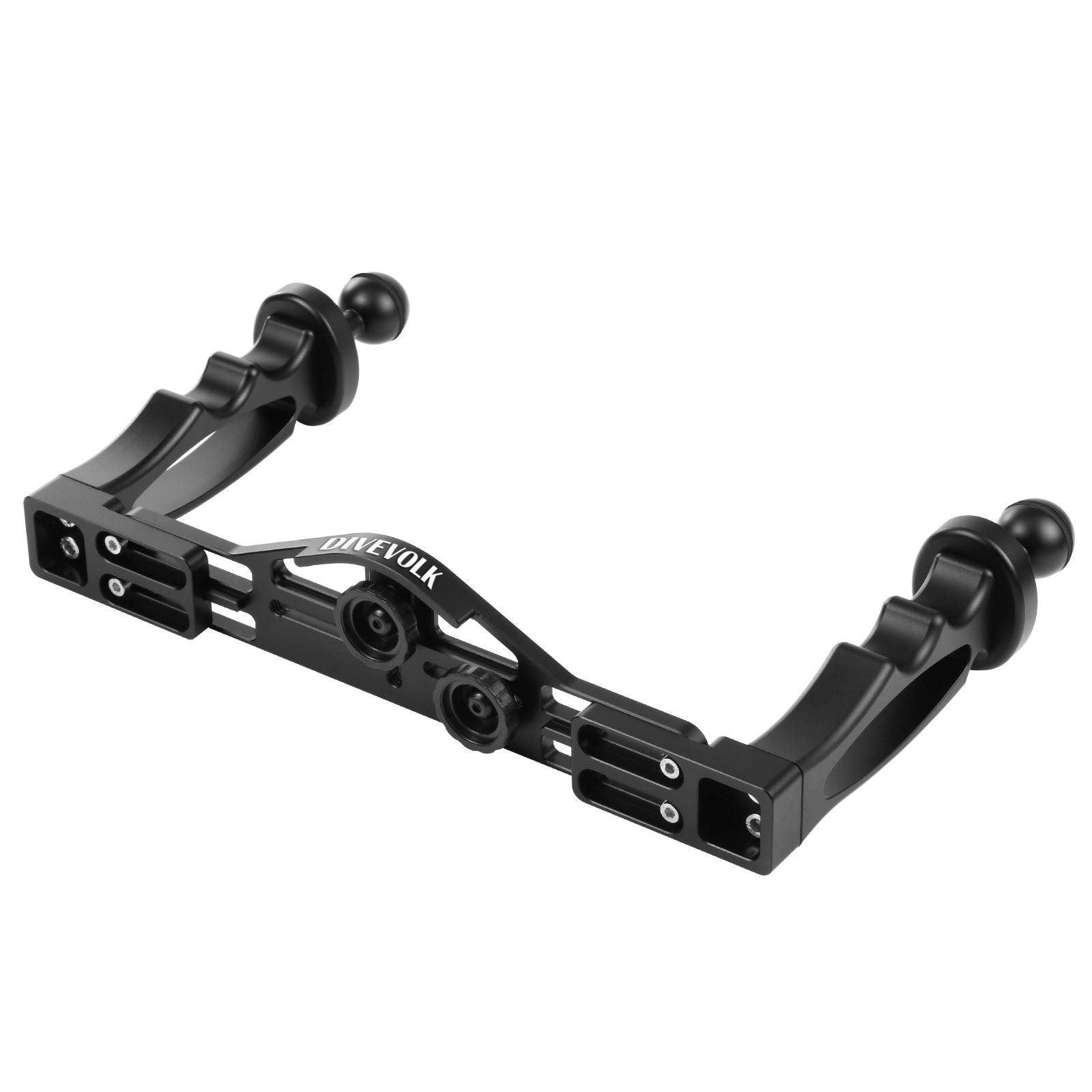 Underside view of the divevolk dual handle tray showing the thumb screws used to attach a housing to the tray.