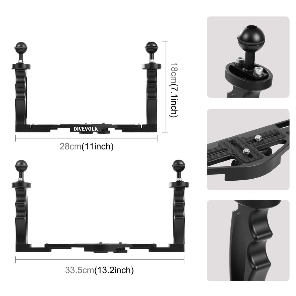 The Divevolk Dual Handle Tray pictured contracted to 28cm and expanded to 33.5 cm. Close up images of the 1 - inch ball mount, 1/4 - 20 screws and finger grips.