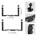 The Divevolk Dual Handle Tray pictured contracted to 28cm and expanded to 33.5 cm. Close up images of the 1 - inch ball mount, 1/4 - 20 screws and finger grips.