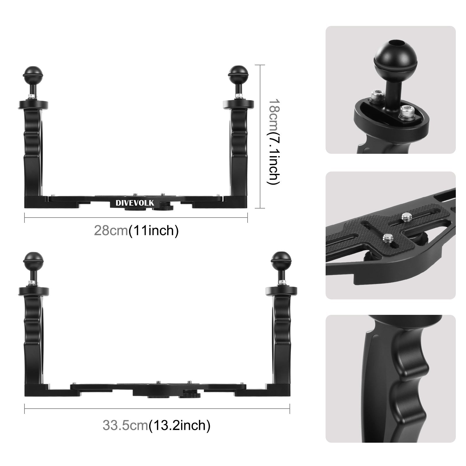 The Divevolk Dual Handle Tray pictured contracted to 28cm and expanded to 33.5 cm. Close up images of the 1 - inch ball mount, 1/4 - 20 screws and finger grips.