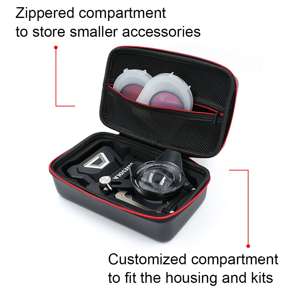 Black carrying case with red accents containing camera accessories on a white background