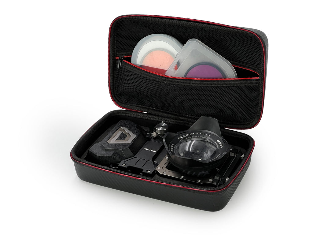 Divevolk Phone Housing with lens and accessories in a black carrying case on a white background