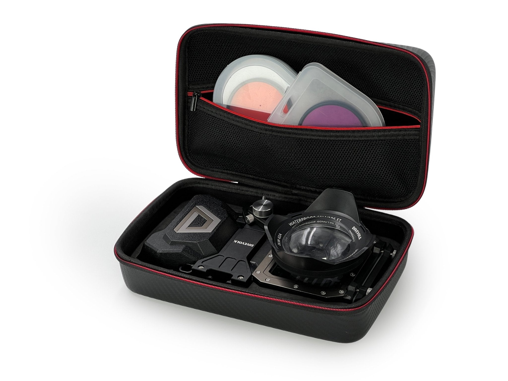 Divevolk Phone Housing with lens and accessories in a black carrying case on a white background