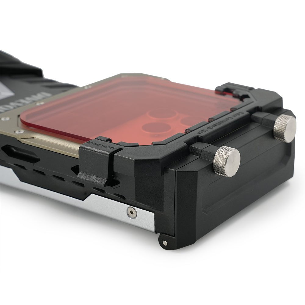 Close-up of a rugged black and silver Phone housing with a translucent red lens filter, featuring two silver thumbscrews on a white background.