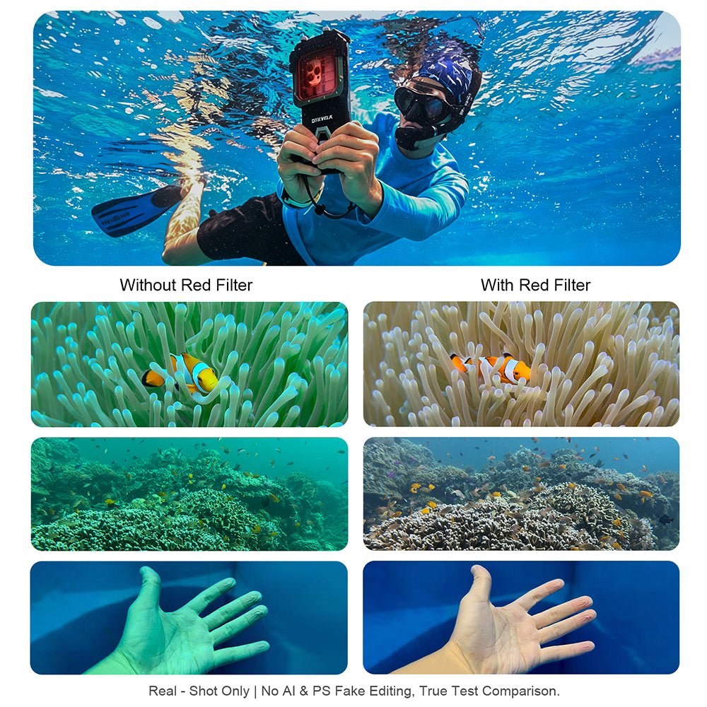 A promotional comparison collage showing underwater photos with and without a red filter. The top panel shows a diver holding a device underwater, labeled 'Without Red Filter' and 'With Red Filter.