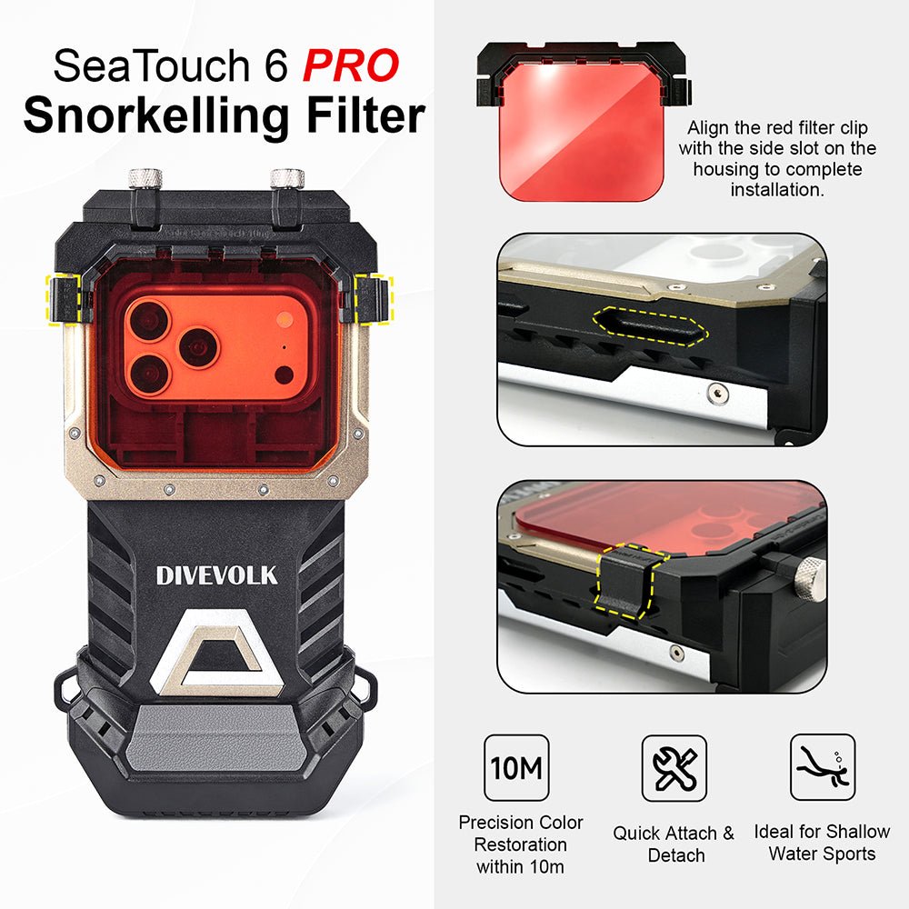 SeaTouch 6 PRO Divevolk Snorkeling Filter shown on a light gray background with feature callouts, installation steps, and performance icons including 10m depth and quick attach/detach.