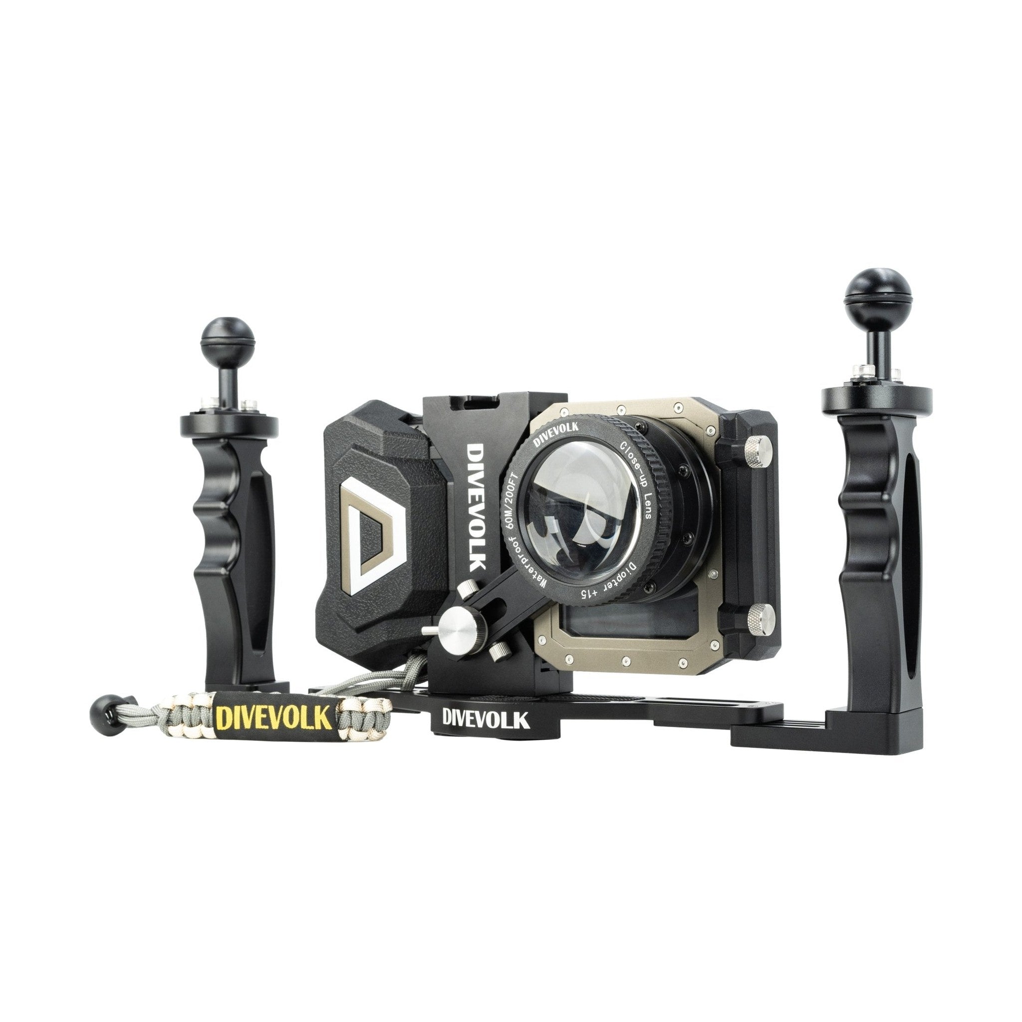 Divevolk Expansion Clamp mounted on SeaTouch 4 Max Housing with Macro Lens and Dual Tray Accessories attached