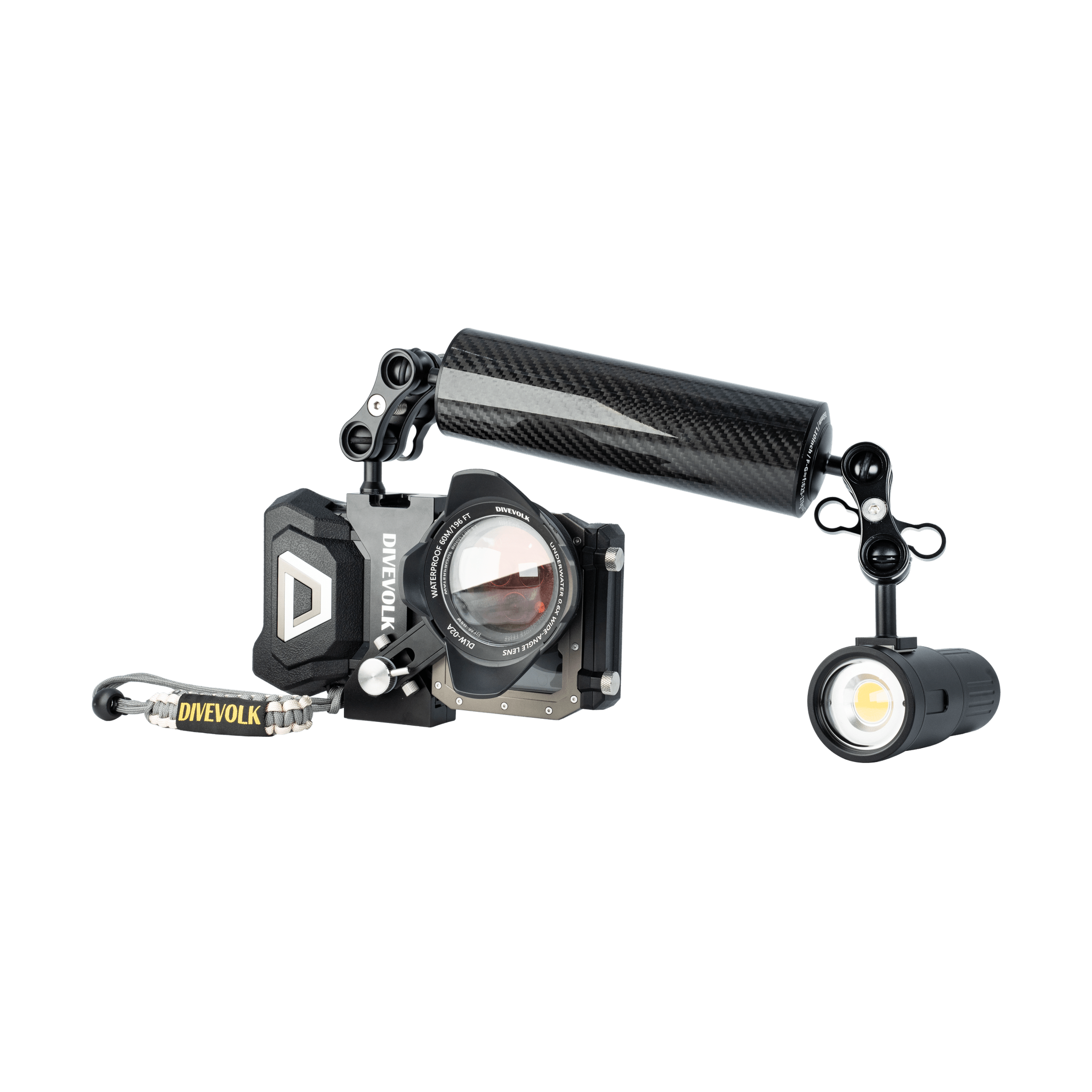 Divevolk Expansion Clamp mounted on SeaTouch 4 Max Housing with Filter, Wide Lens and lighting Accessories attached