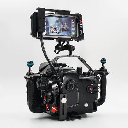 SeaLink Underwater Wi - Fi Signal Transmitter mounted as a monitor on a Nauticam Underwater Camera Housing