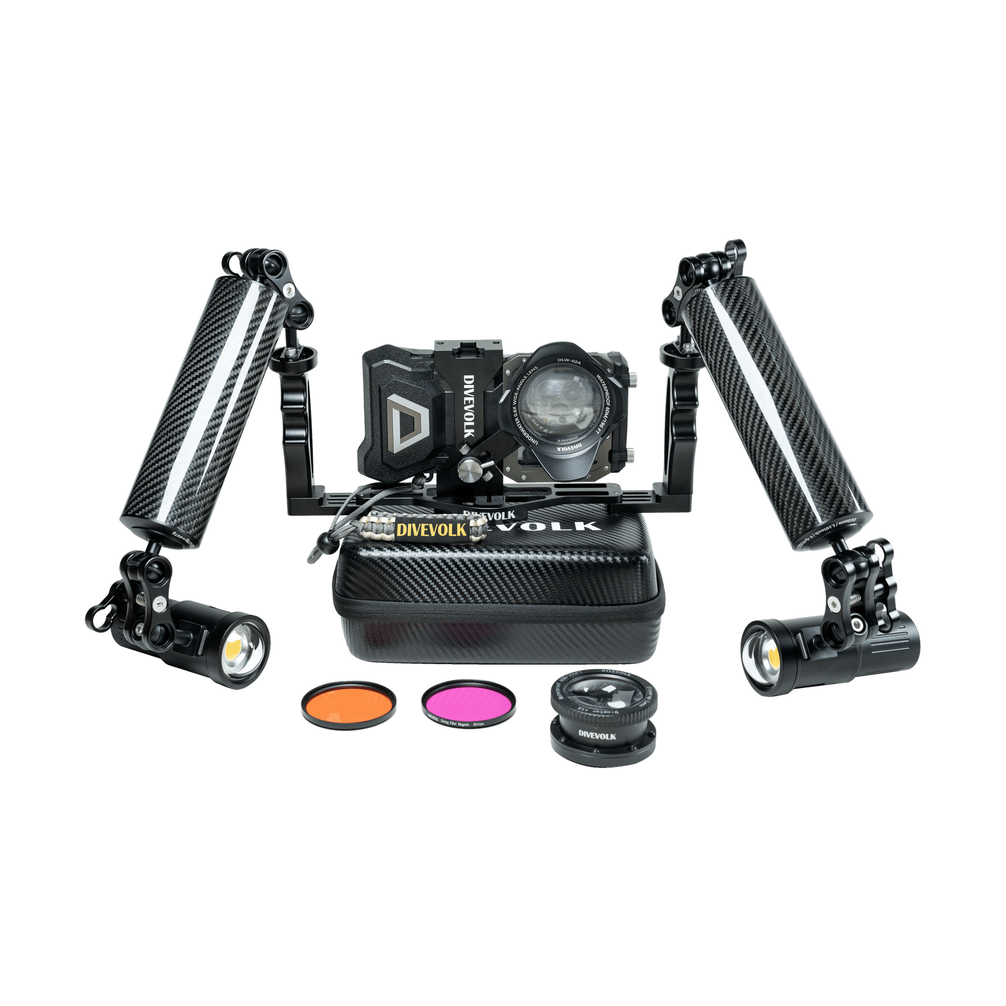 The Divevolk Seatouch 4 Max Almighty Kit includes SeaTouch 4 Max Housing, Expansion Clamp, Handles, Wide - Angle & Macro wet lenses, Protective Case and Two SeaLight SL50 5000 Lumen lights. Everything you need to capture epic photos and videos underwater with your Smartphone