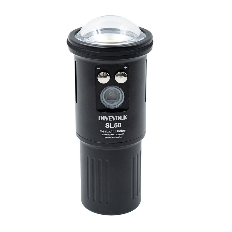 The SeaLight SL50 Underwater Video Light has two buttons for easy power adjustment while SCUBA Diving