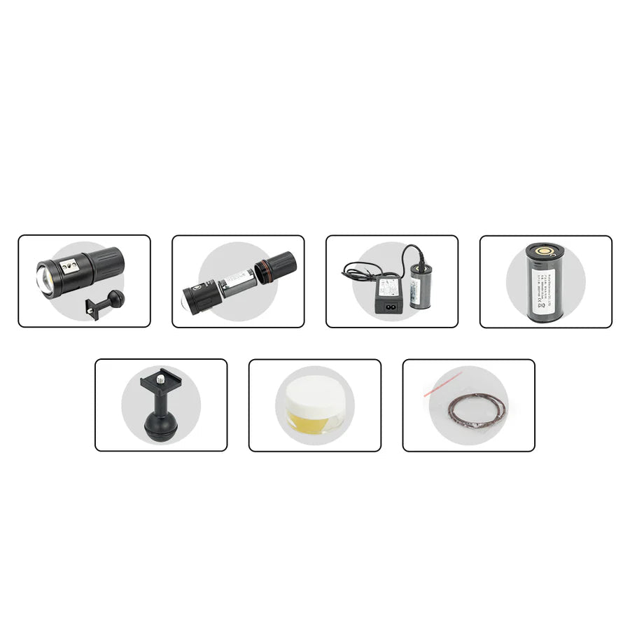 The SeaLight SL50 5000 Lumen Waterproof Video Light ships with a battery, charger, Ball Mount, O - ring grease and spare O - Rings