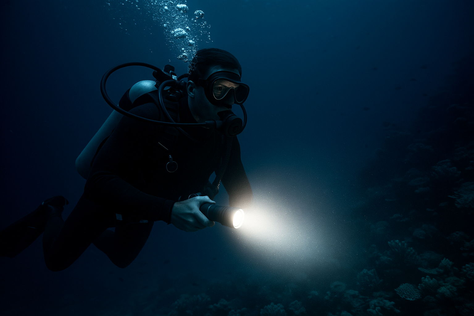 scuba diver using a scuba diving torch light